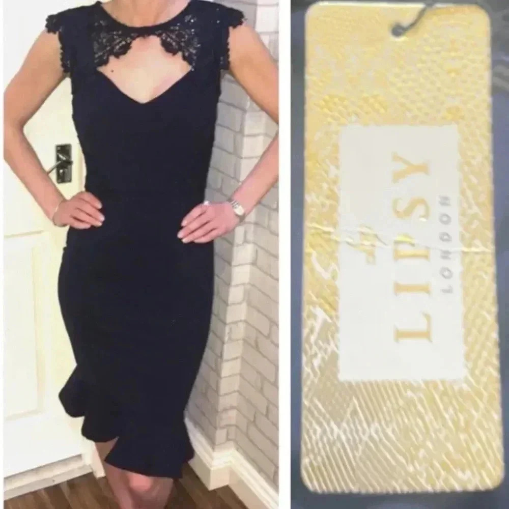 Lipsy navy sequin bodycon dress 12.flute hen lace evening